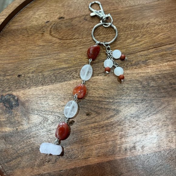 Fire & Carved Agate Beaded Dangle Bag Charm/Keychain - Picture 1 of 2
